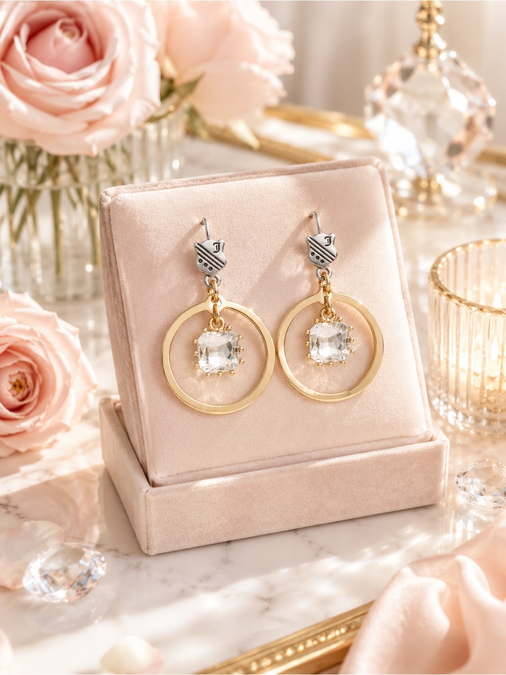 Juicy Couture Two-Tone Crystal Hoop Drop Earrings | Gold Silver Glam Jewelry NWT